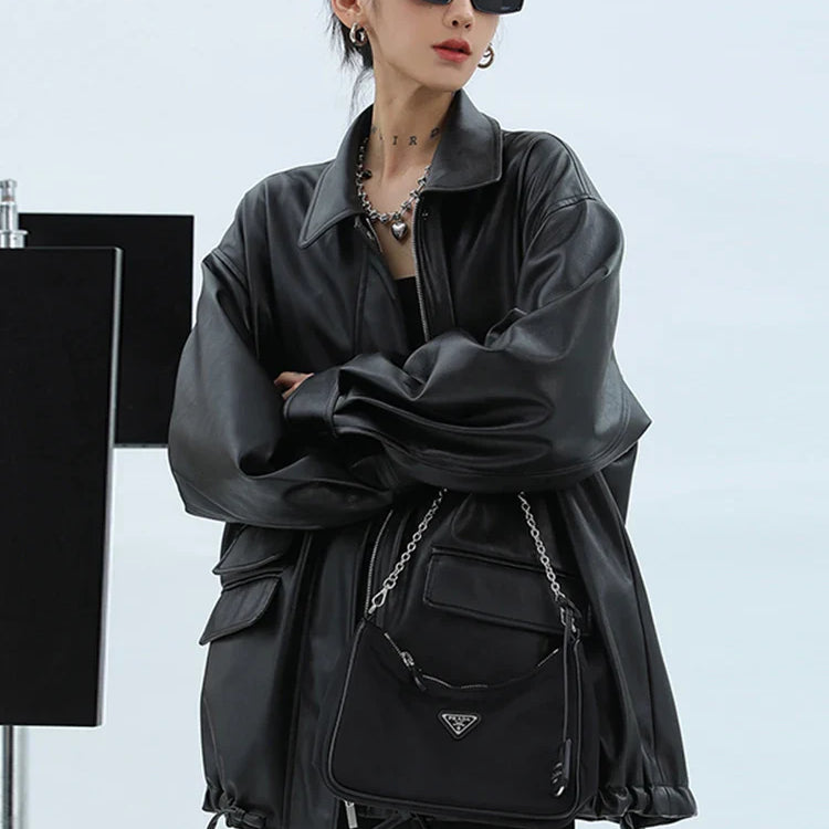 Spring Autumn Oversized Casual Waterproof Black Soft Pu Leather Jacket Women with Drop Shoulder Long Sleeve Fashion 2022 Black