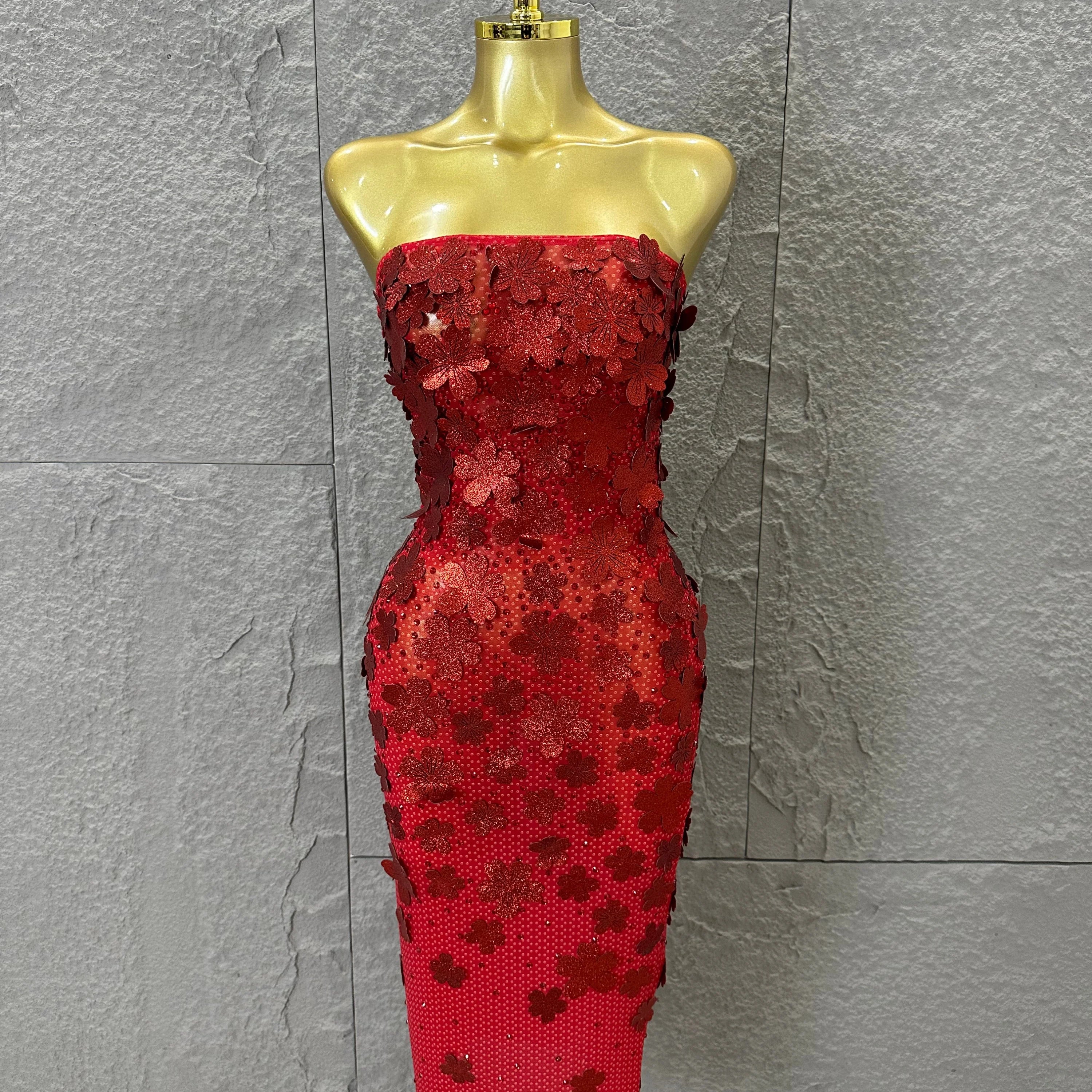 Sparkly Women Sexy Strapless Slim-fit 3D Flower Evening Gala Party Nightclub Cocktail Party Stage Performance Costume Red
