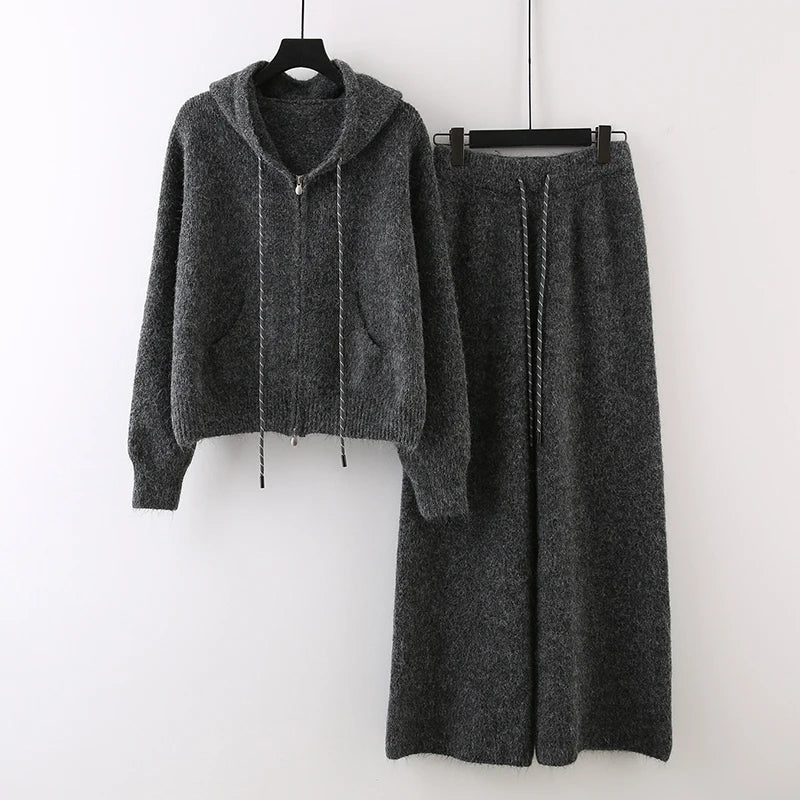 Autumn Winter New Fashion Casual Suit For Women Hooded Sweatshirt Knitted Sweater Coat Wide-Leg Long Pants 11A07839 Dark Gray One Size