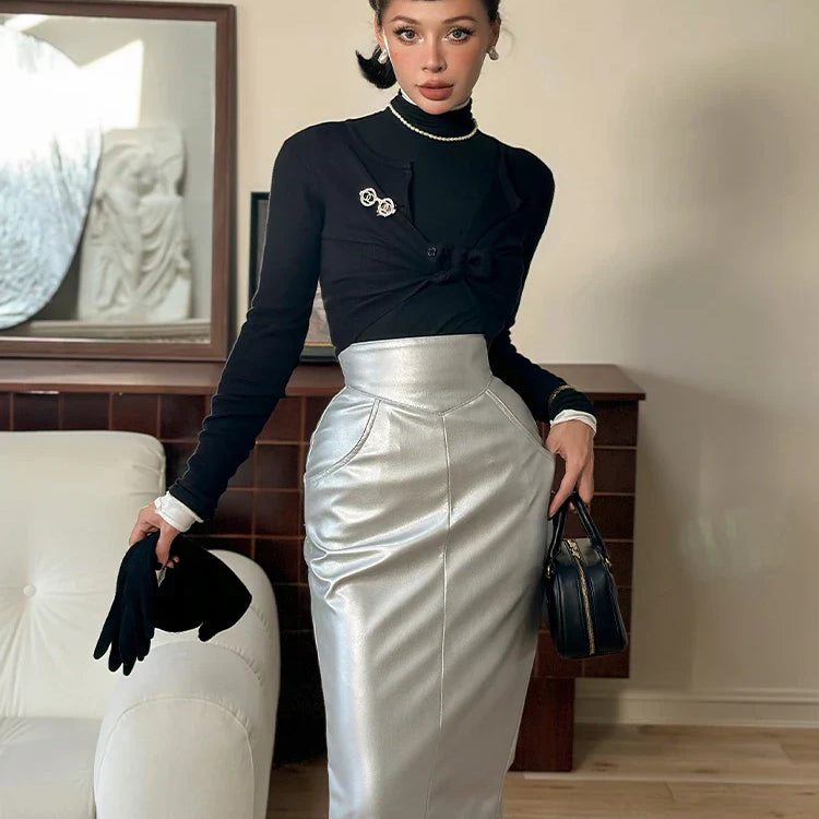 Lautaro Spring Summer Silver Pu Leather Midi Pencil Skirt Women with Back Slit High Waist Luxury Designer Clothes Fashion silver