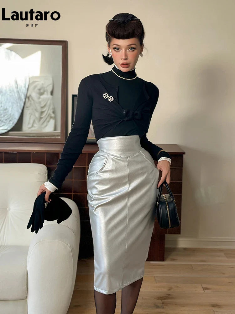 Lautaro Spring Summer Silver Pu Leather Midi Pencil Skirt Women with Back Slit High Waist Luxury Designer Clothes Fashion silver