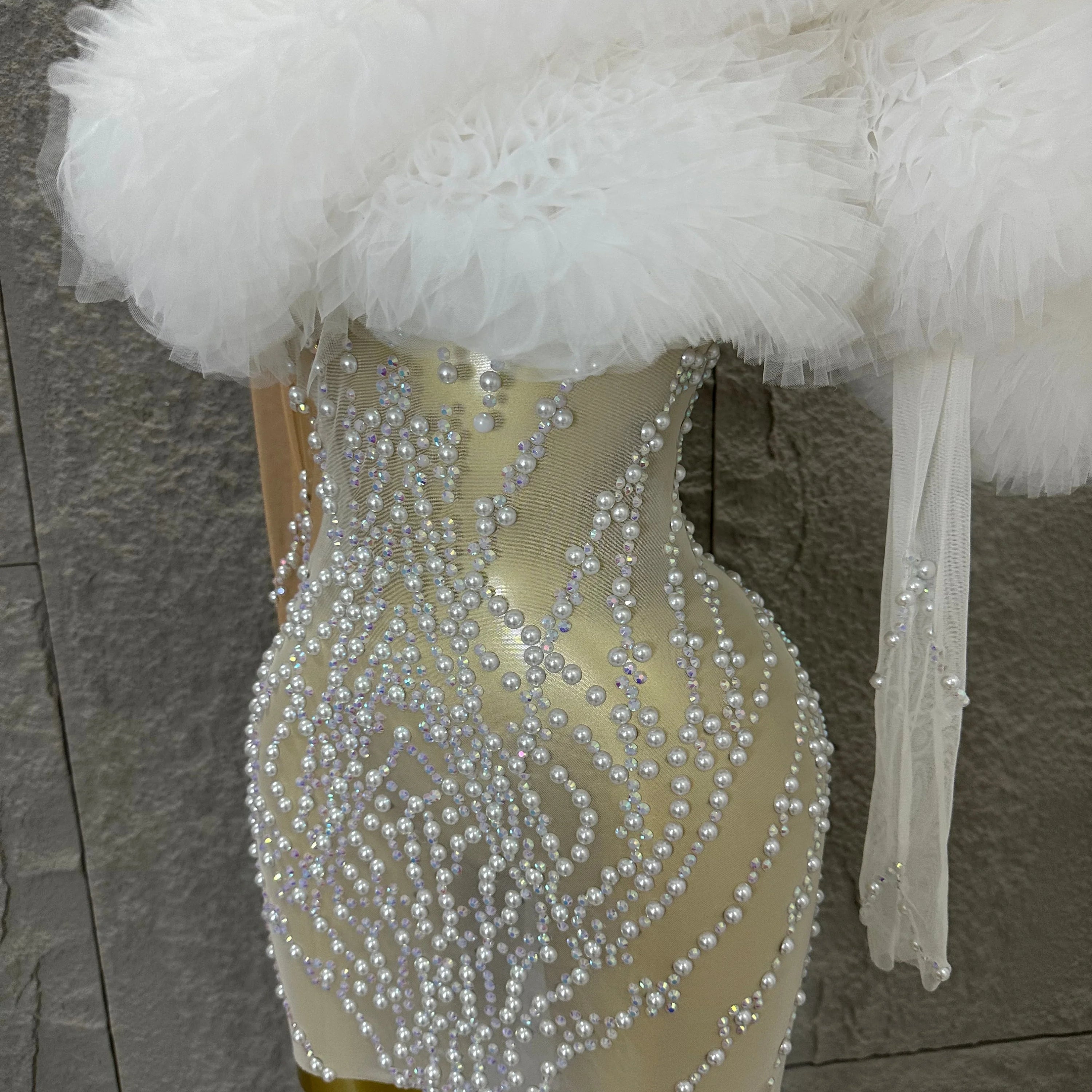 Luxurious Nude Sheer Mesh Mini Dress Women One-Shoulder Pearl Beaded Ruffle Tulle Bodycon Evening Costume