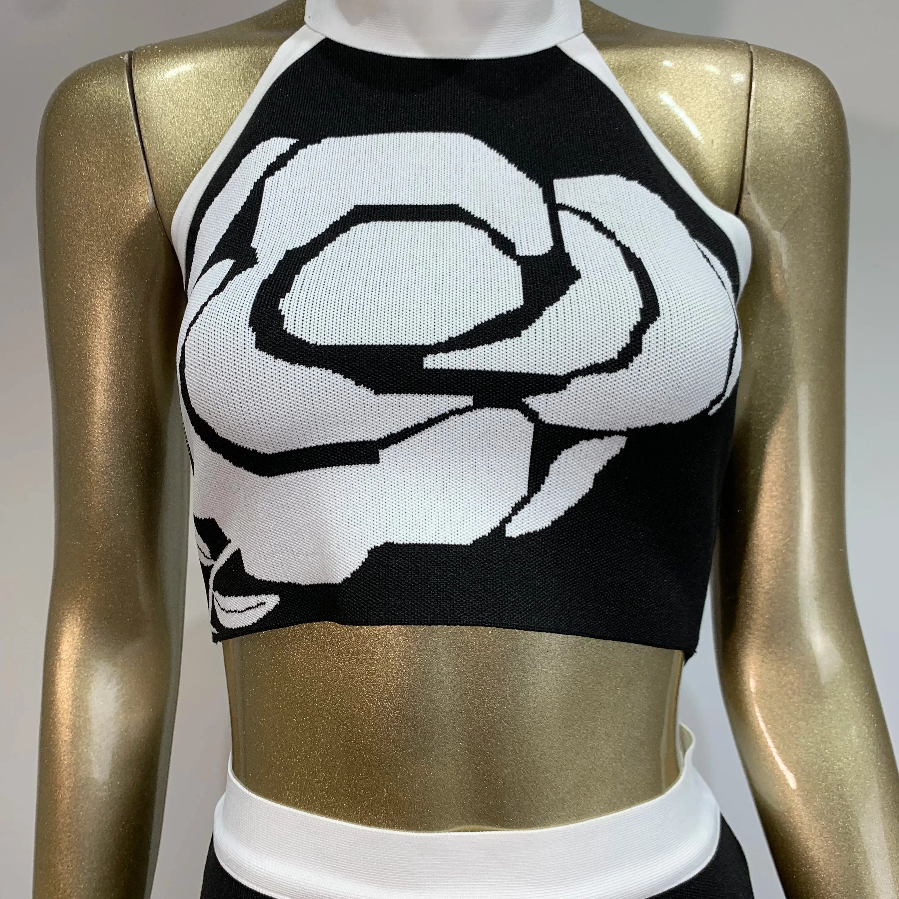 Women Summer Sexy Backless Halter Rose Jacquard Black Two Pieces Skirt Bandage Set Celebrity Designer Fashion Women's Set