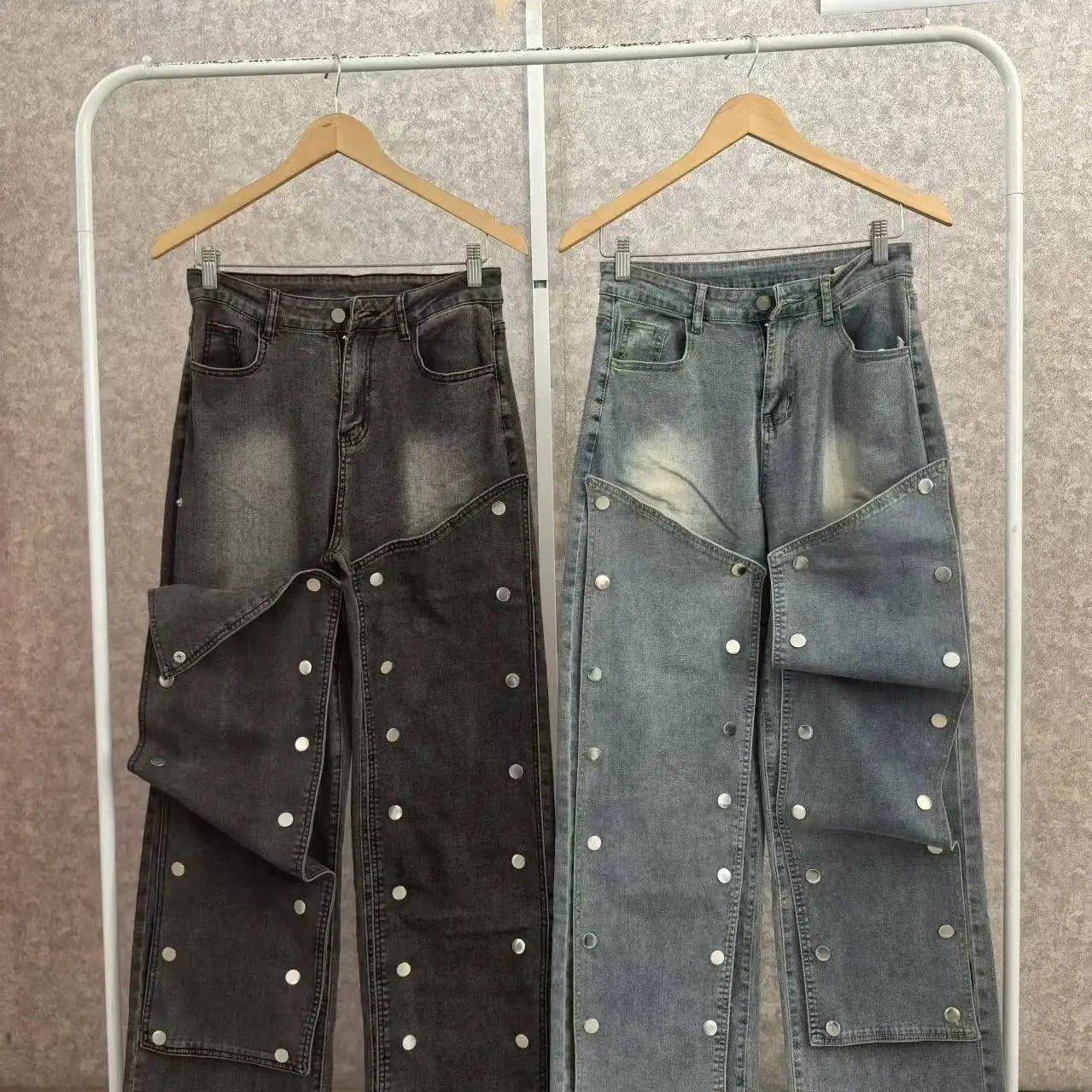 Women Streetwear Button Cutout Cargo Straight Denim Wide Leg Jeans Pants 2024 INS Elastic Fashion Party Cargo Trousers