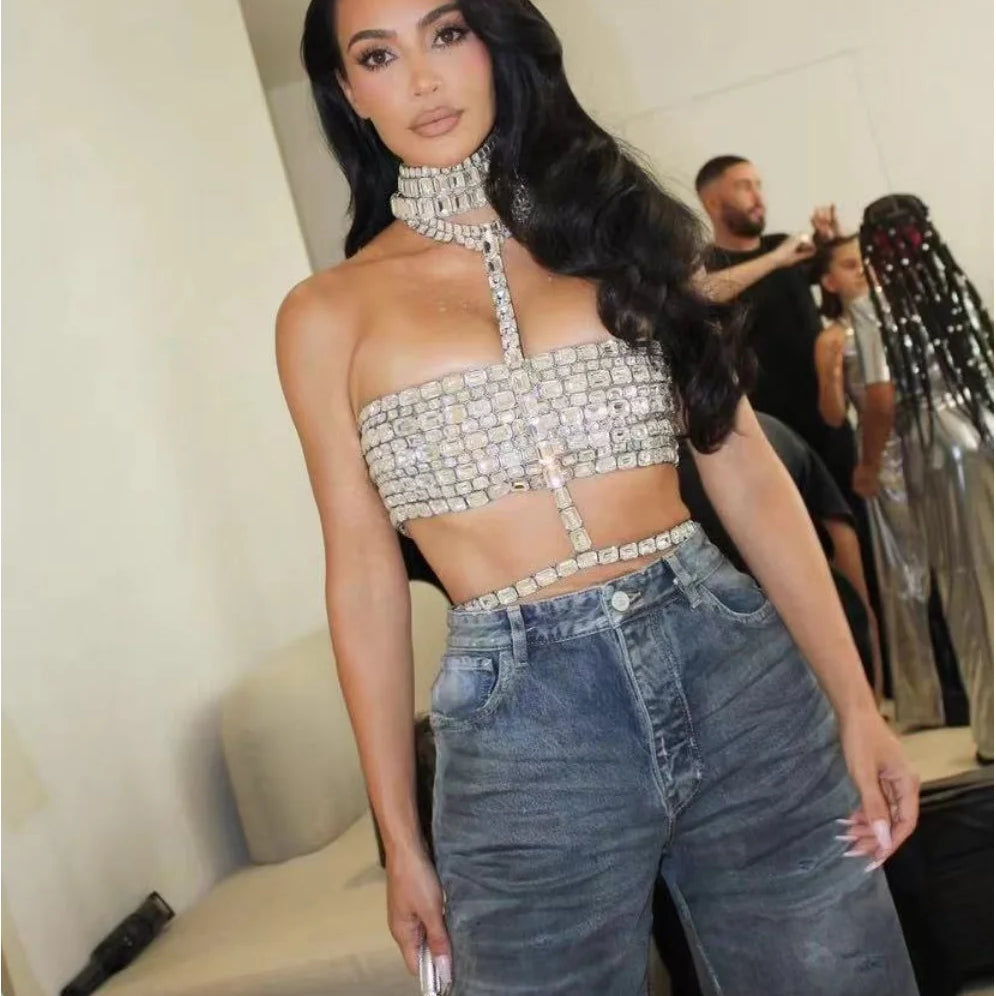 Celebrity Fashion Red Carpet Wear Women Shinning Big Crystal Sexy Halter Tops Nightclub Party TV Show Tops Tank High Quality