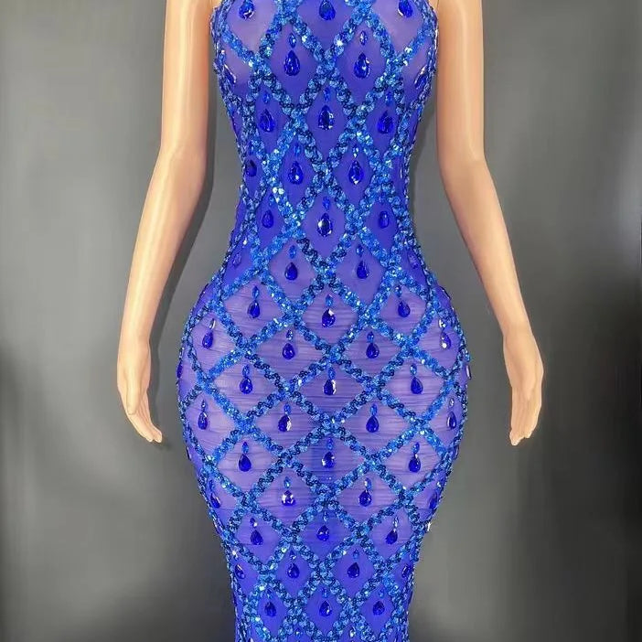 Flashing Silver Rhinestone Crystals Fringes Transparent Short Dress Birthday Celebrate Costume Evening Dancer Dress Blue