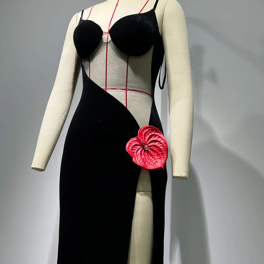 2024 Sexy Women Max Dress Spaghetti Strap Sleeveless Bodycon Perspective Sheer Patchwork High Slit Long Dress Club Party Vestido