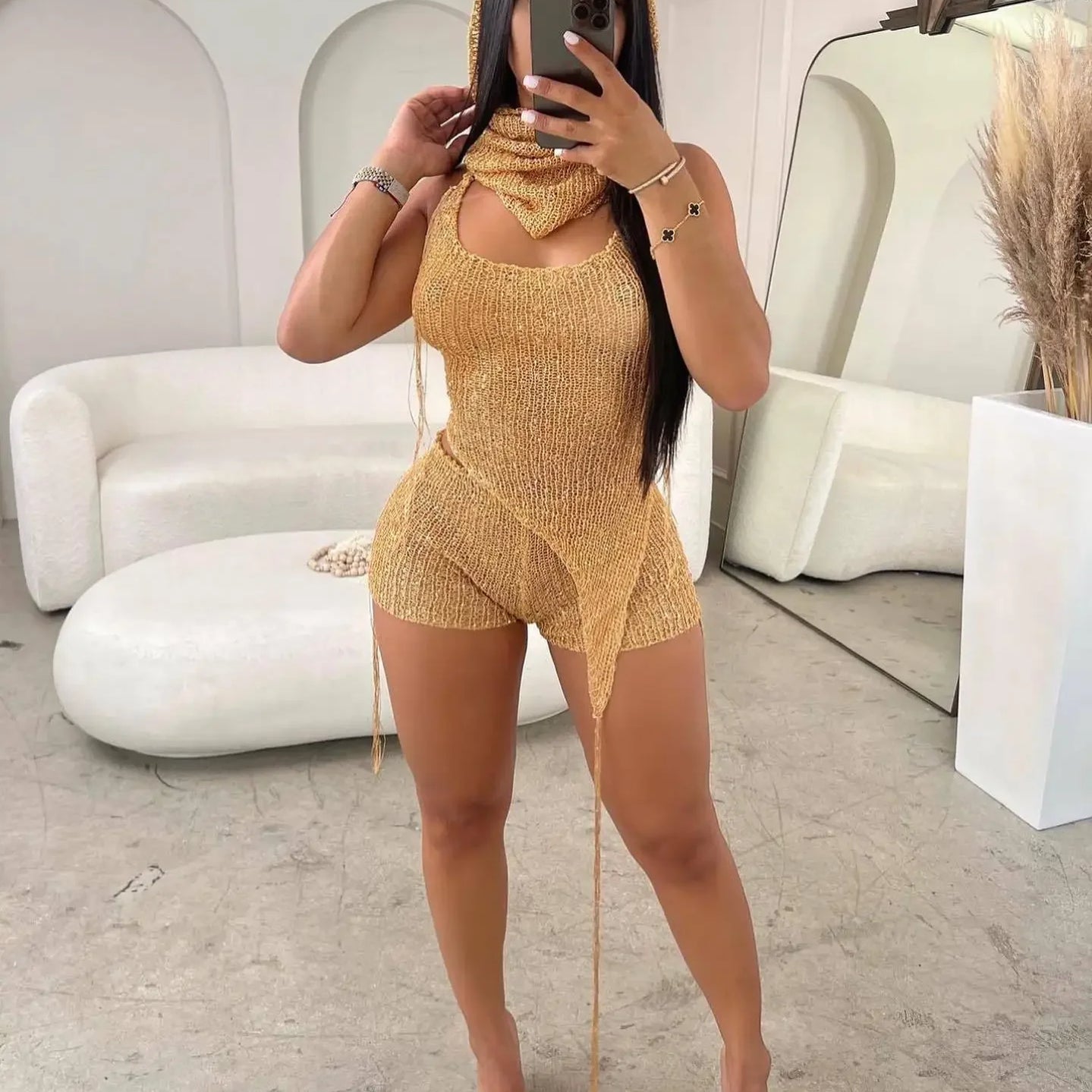 Knit Ribbed Women's Set Halter Neck Backless Crop Top with Hat Shorts Suit 2023 Summer Two 2 Piece Set Outfit Tracksuit Gold