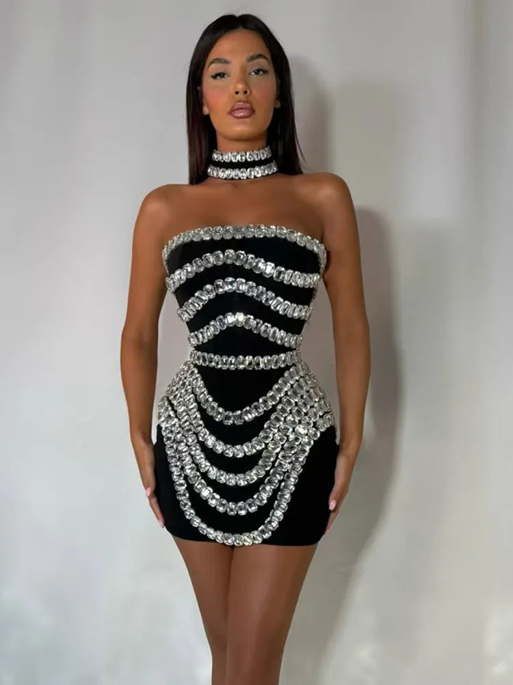 Women Summer Celebrity Sexy Strapless Beading Black Mini Bodycon Bandage Dress 2025 Elegant Evening Club Party Dress black