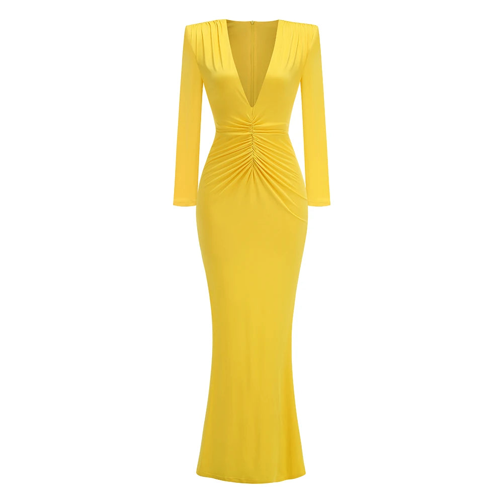 Deep V Plunge Long Dress For Women Folded Long Sleeves Pleated Bodycon Elegant Celebrity Evening Party Cocktail Gowns Vestido Yellow