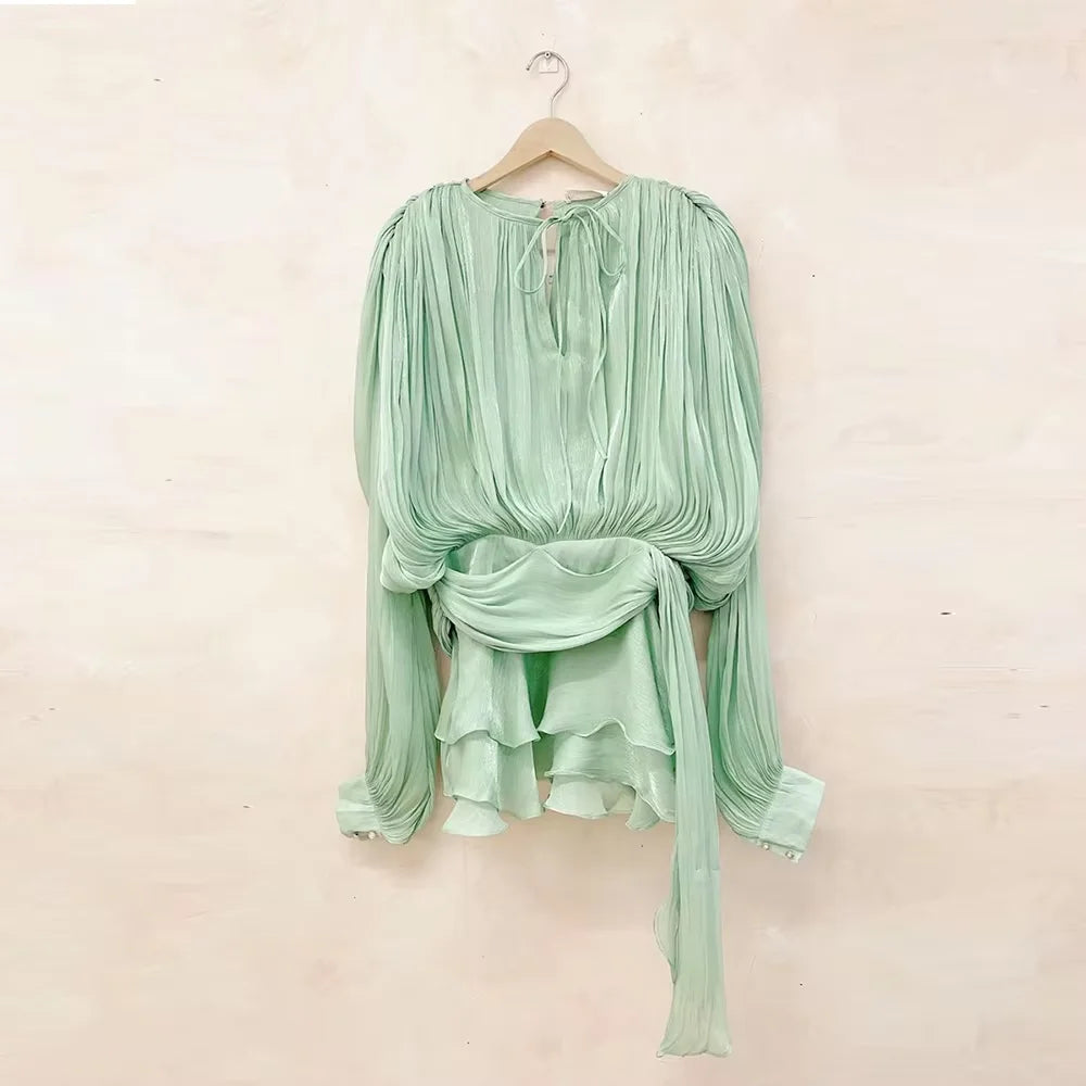 Solid Loose Spliced Folds Elegant Dresses for Women Round Neck Long Sleeves Patchwork Lace Up Tunic Dress Female GREEN