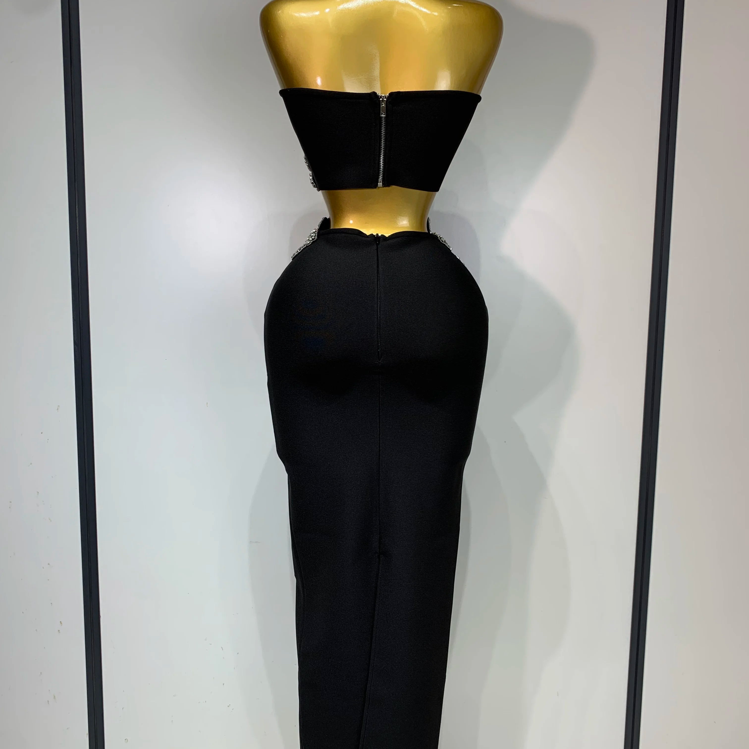 Women Sexy Strapless Flower Diamonds Black Maxi Long Bandage Two Piece Set 2025 Knitted Elegant Evening Club Party Prom Gowns