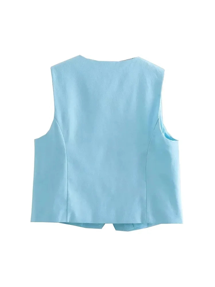 Women Blue Pants 2 Pieces Sets Fashion Linen Vest Tops+Straight Pants Office Suit Vintage Woman Two Pieces Outfit