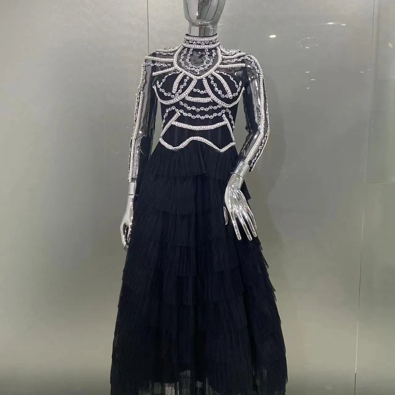 Elegant Red Carpet Evening Party Dress Women Long Sleeve Sexy Shinning Crystal Pearl Beading Ball Gown Long Dress 2024 New Style