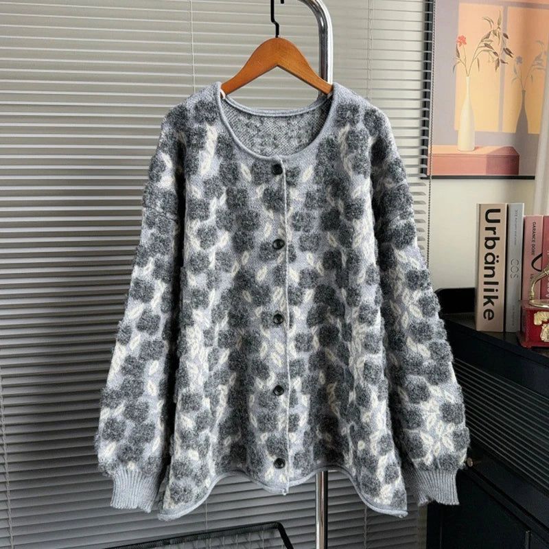 Autumn Winter New Heavy Jacquard Knitted Cardigan For Women Casual Loose High-End Lazy Style Sweater Coat 11A07748 Gray One Size
