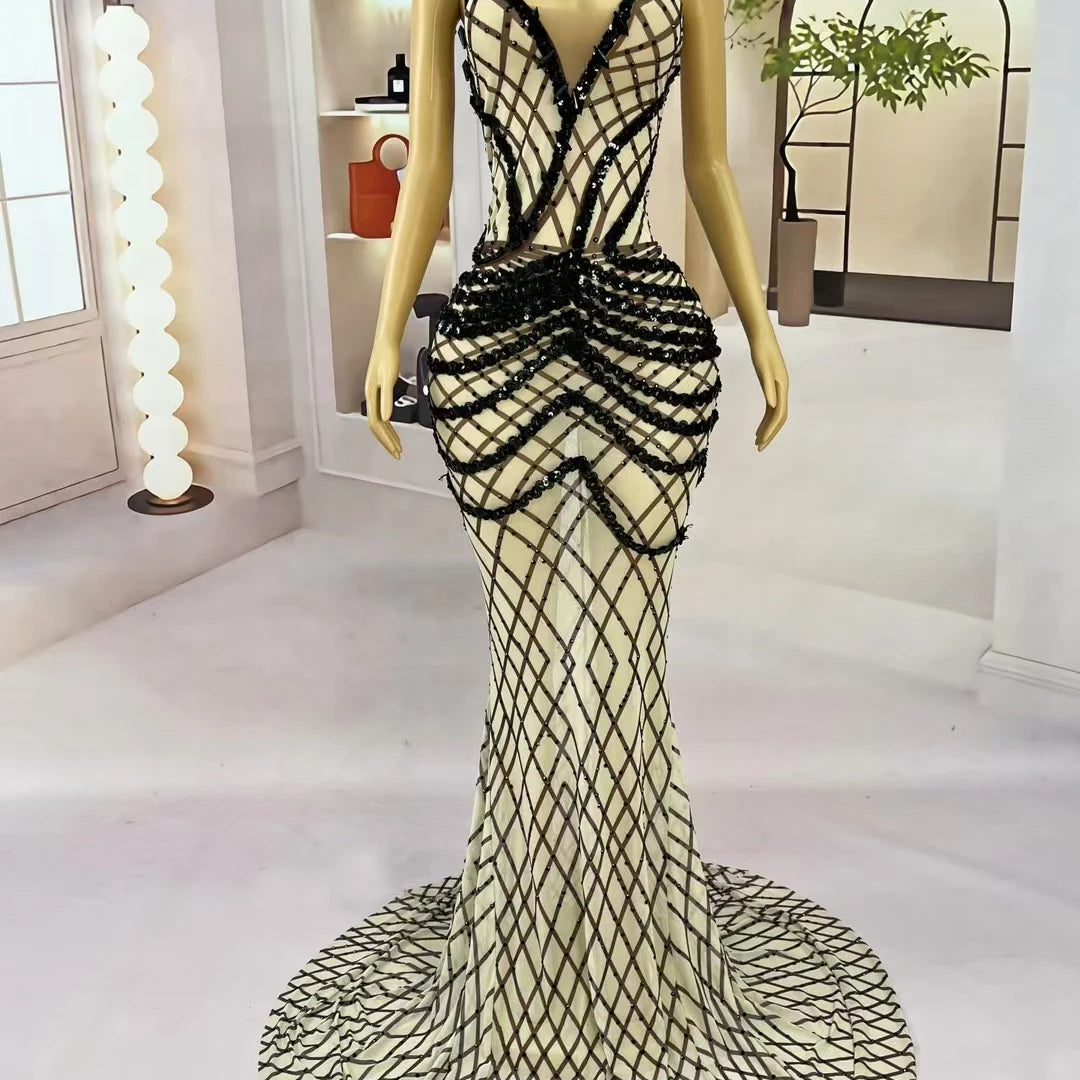 Black Sequins Grid Floor-length Dress for Women Luxury Dinners Deep V Neck Ball Dress Club Celebrate Party Strap Dress Kunsuo
