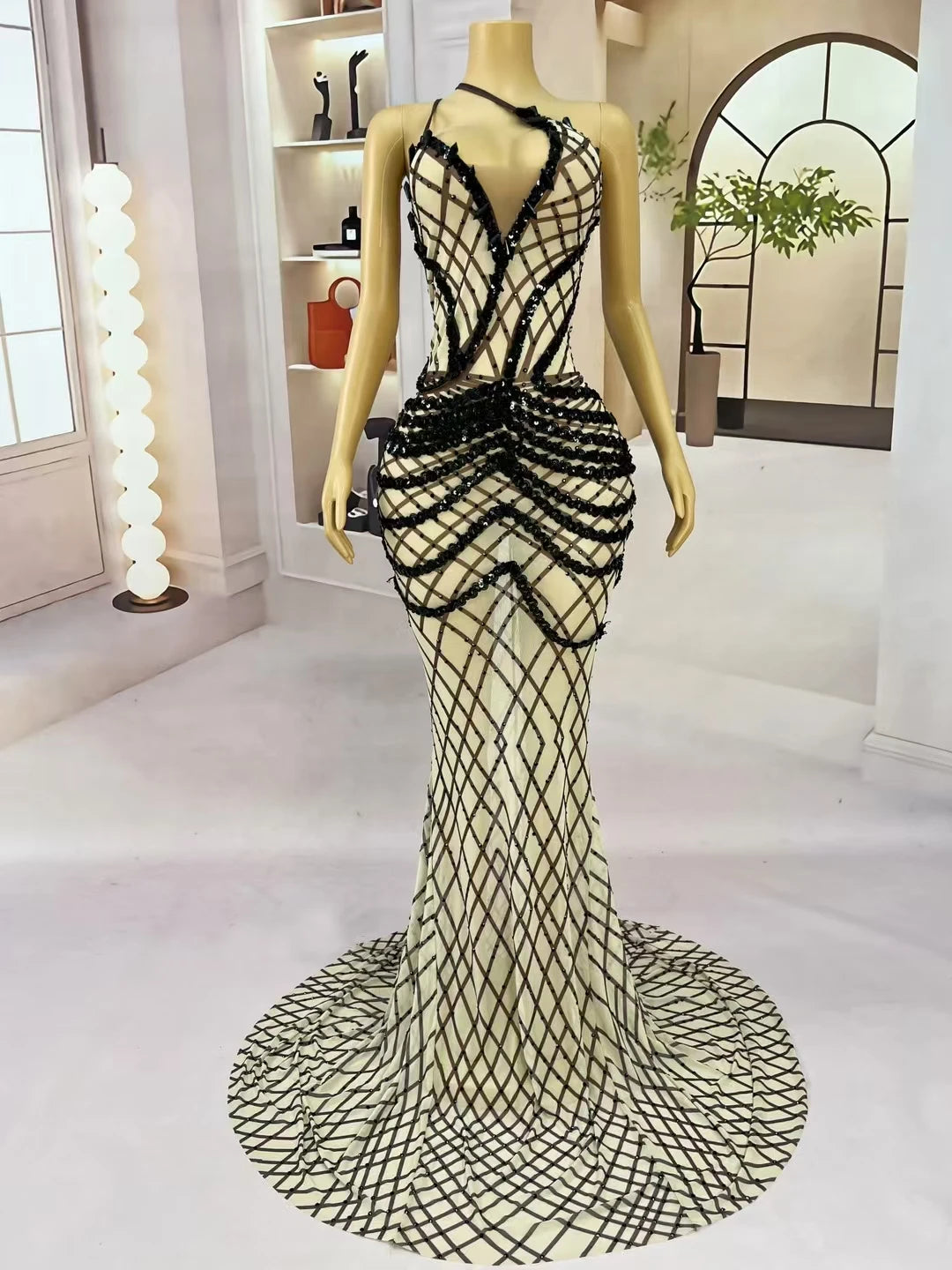Black Sequins Grid Floor-length Dress for Women Luxury Dinners Deep V Neck Ball Dress Club Celebrate Party Strap Dress Kunsuo