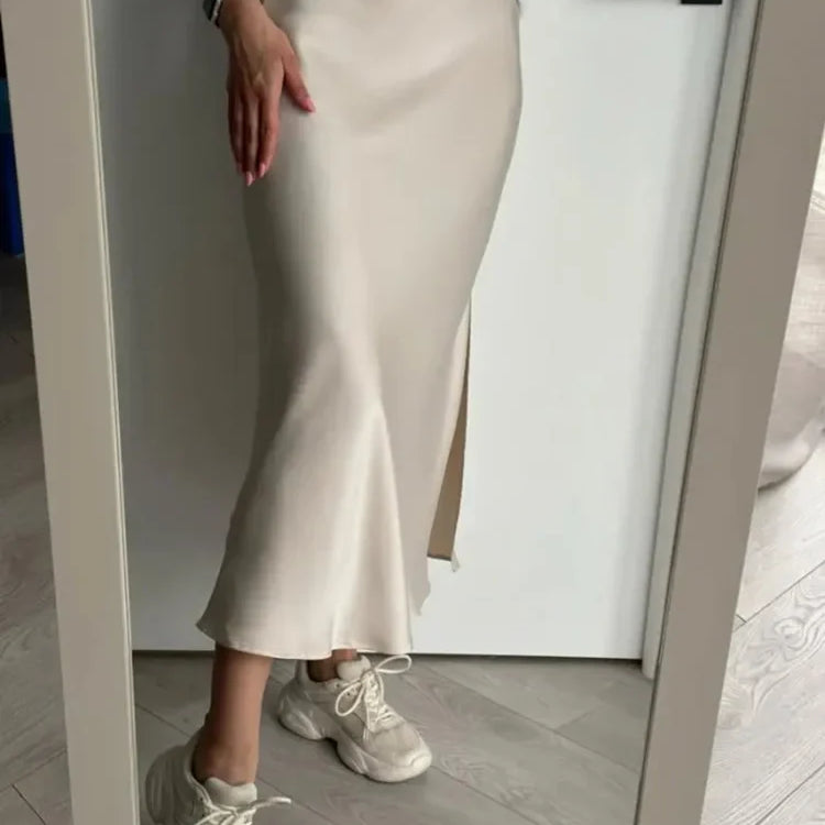 Silk Satin Skirts for Women Summer Casual Style A-line Solid Color Elastic High Waist Side Slit Champagne Skirt