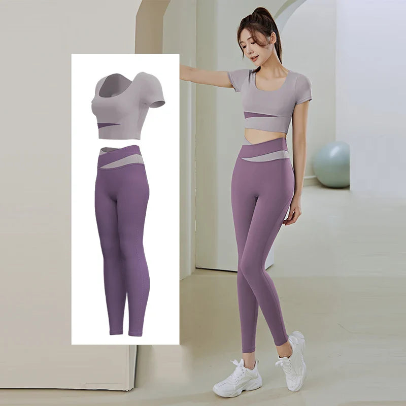 Women 2 Pcs Gym Set Sports Crop Top Bra Running Fitness Yoga Suit Sport Outfit Gymwear Lady Workout Clothes High Waist Leggings PURPLE