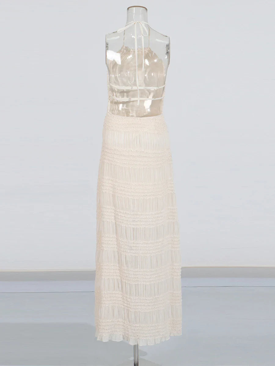 Slimming Sheer Spliced Striped Casual Dresses for Women Halter Neck Sleeveless Backless Dress Female Fashion New