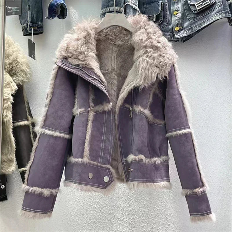 fur coat women winter 2024 Sheepskin Fabric Sheepskin O-Neck Rabbit fur lining Short jacket Fashionable luxury Women's clothing Purple