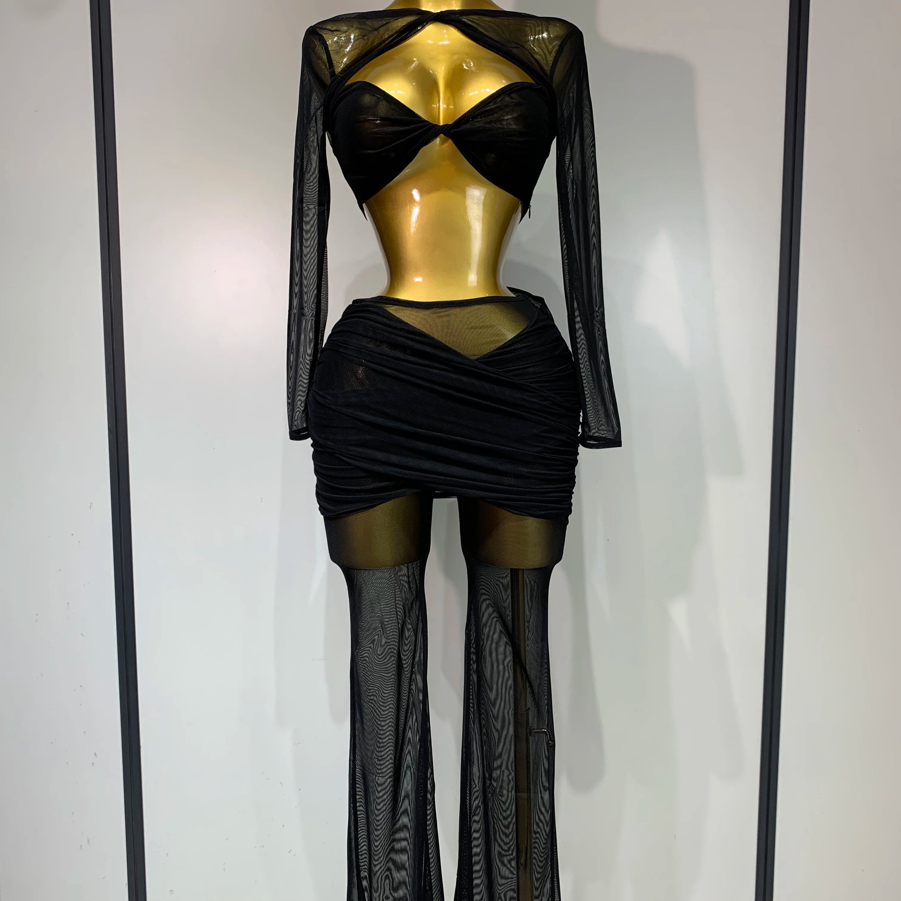 Women Sexy Mesh See Through Long sleeves Pant Sets Elegant Fashion Street Two Piece Set Club Birthday Evening Party Outfit black