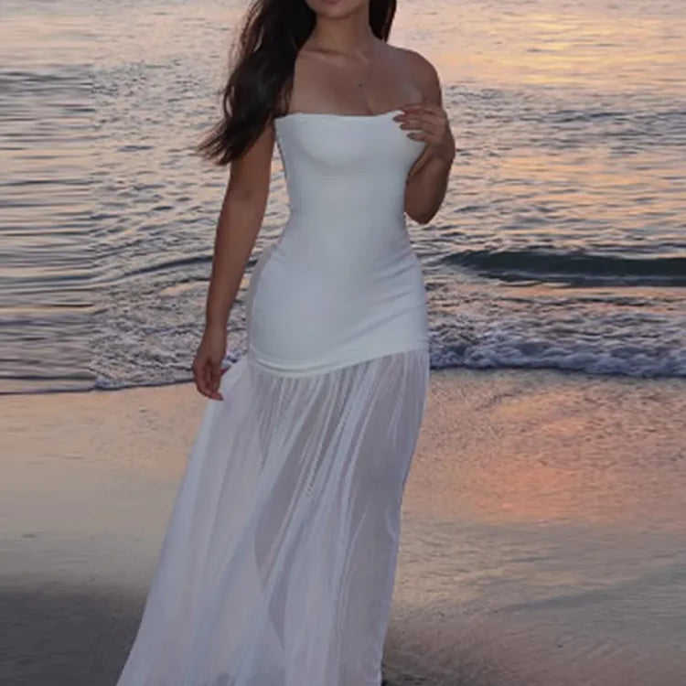 Elegant White Gauze Off Shoulder Long Dress Women Fashion Sleeveless Backless A-line Vestidos 2025 New Lady Vocation Beach Robes White