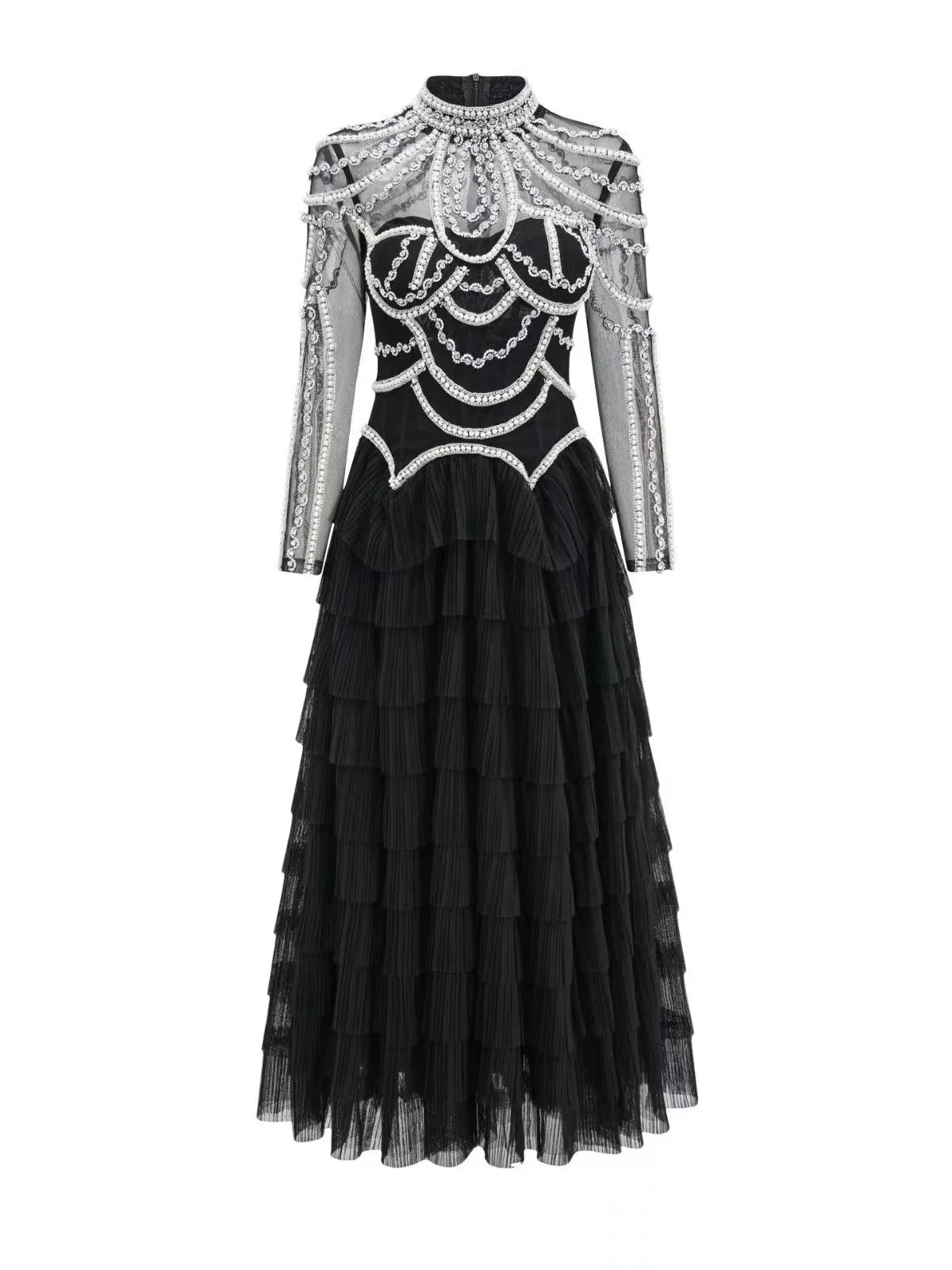 Elegant Red Carpet Evening Party Dress Women Long Sleeve Sexy Shinning Crystal Pearl Beading Ball Gown Long Dress 2024 New Style black