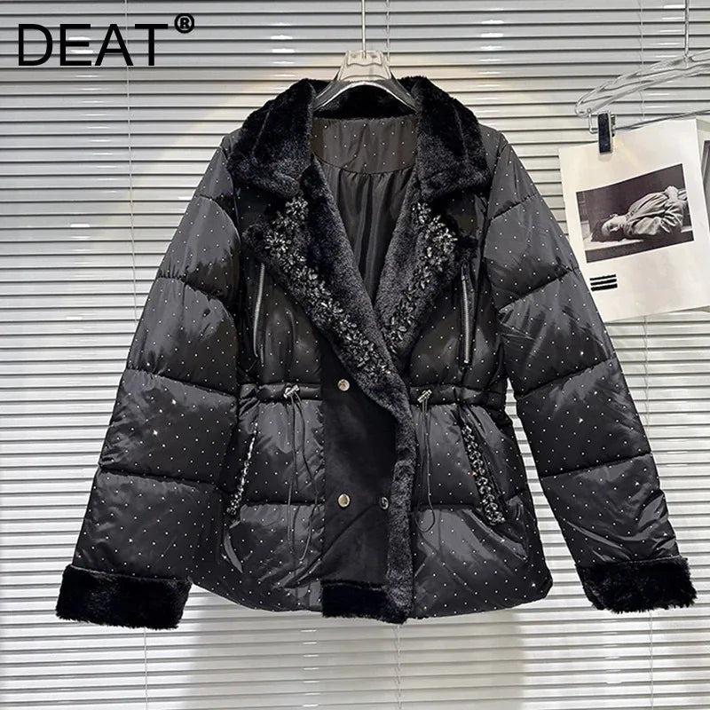 Winter New Fashion Elegant Rhinestone Fleece Drawstring Waist Warm Coat For Women Cotton-padded Jacket Female 11A07514