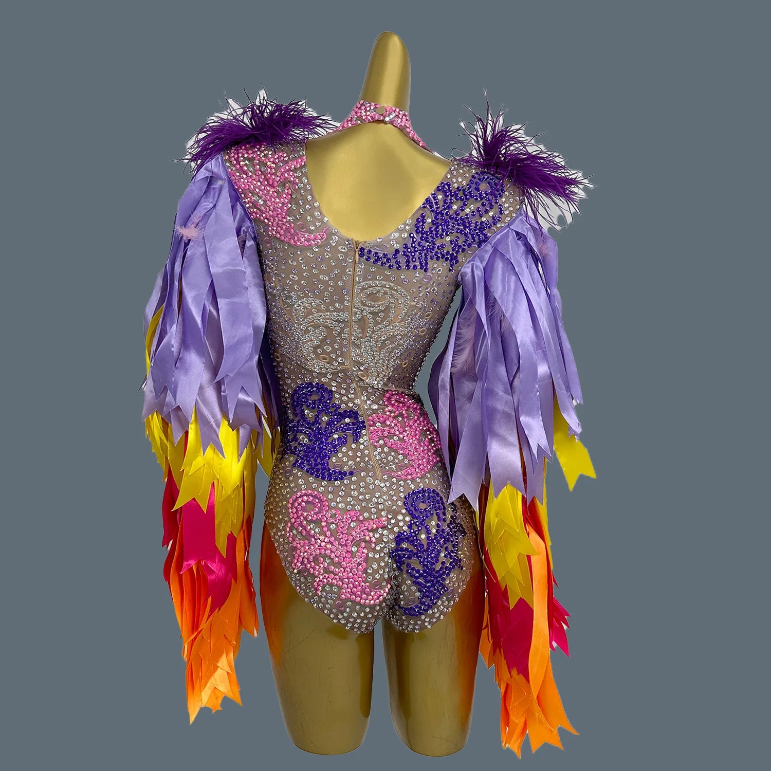 Fashion Stage Wear Ribbon Strip Feather Rhinestone Bodysuit Women Nightclub Bar Party Outfit Performance Dance Costume Caidai