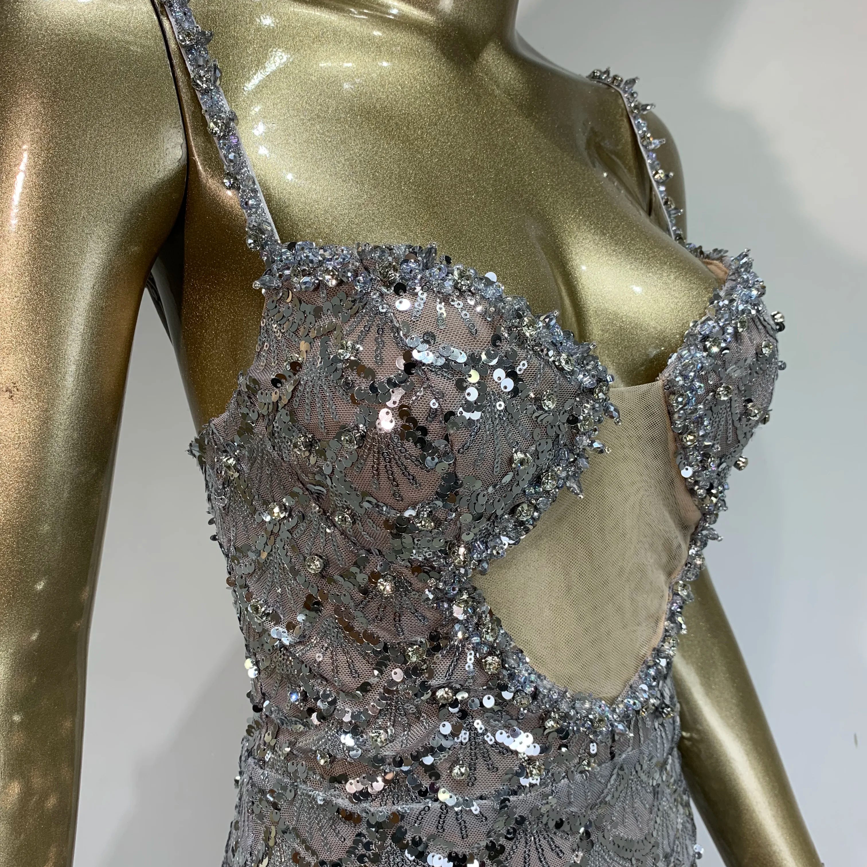 Women Sexy V Neck Backless Sequins Mesh Sparkly Silver Maxi Long Dress 2024 Elegant Party Evening Outfit Vestido