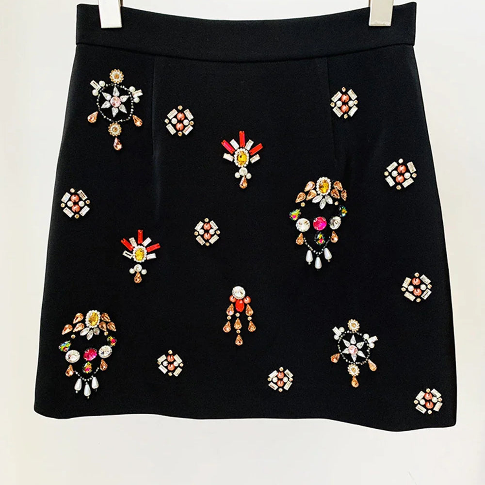 Ailigou 2023 New Autumn Women's Fashion Sexy Luxury Colorful Diamond Bead Short Top+Dress Black Two Piece Set