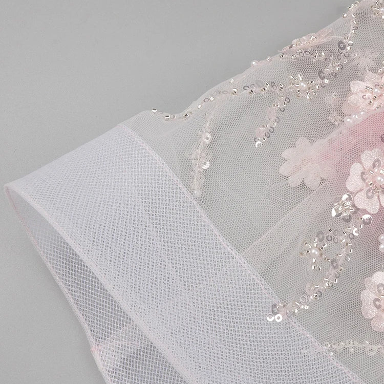 Diamond Beaded Spaghetti Strap Long Dress Pearls Sequins Structured Flowers High Split Sheer Mesh Trendy Celebrity Party Gown