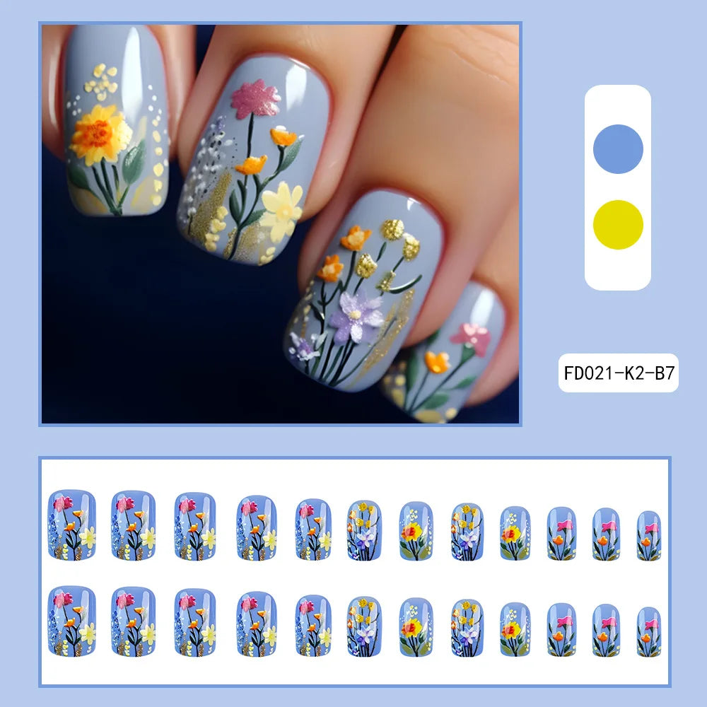 24pcs/set Floral Pattern Press-On Nail Set Mixed Color Ballet Shape Medium Length Simple Sweet Elegant Luxury Style Fake Nails AA337