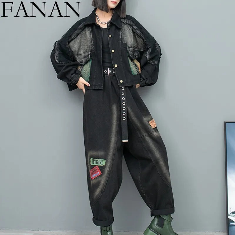 Spring Autumn New Trendy Cool Personality Distressed Long Sleeved Denim Jacket + Harem Pants Two-piece Set Women LX154 black