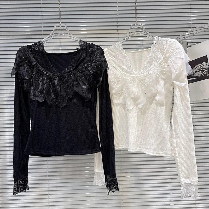 Winter New Elegant Fashion V-neck Lace Patchwork Chiffon Floral Cotton Knitted T-shirt For Women Slim Fit Top 11A07823