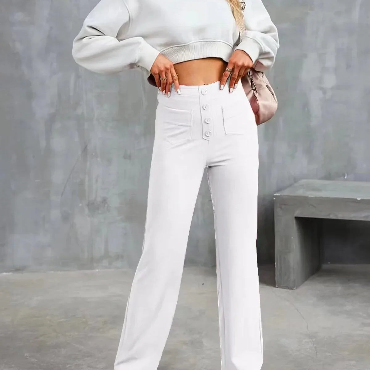 Women's High-waisted Elastic Casual Trousers Fashionable Casual Straight-leg Pants Buttoned Elegant Casual Pants White