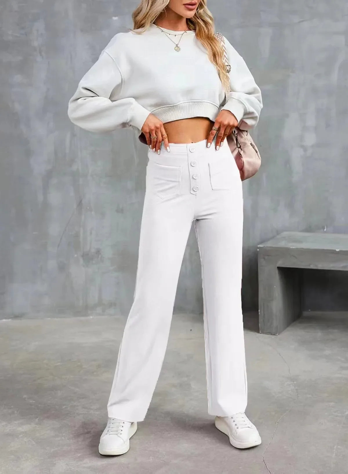 Women's High-waisted Elastic Casual Trousers Fashionable Casual Straight-leg Pants Buttoned Elegant Casual Pants White