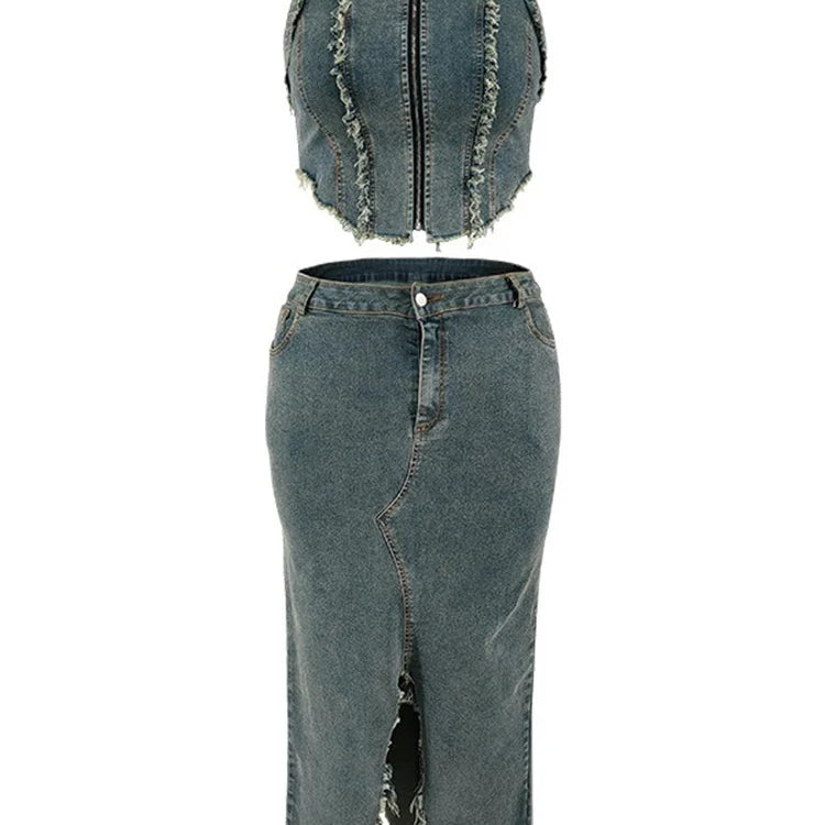 Wmstar Women Plus Size Denim Skirts Sets Two Piece Set Casual Summer Turn-down Collar Crop Tops Streetwear Matching Suits 2024