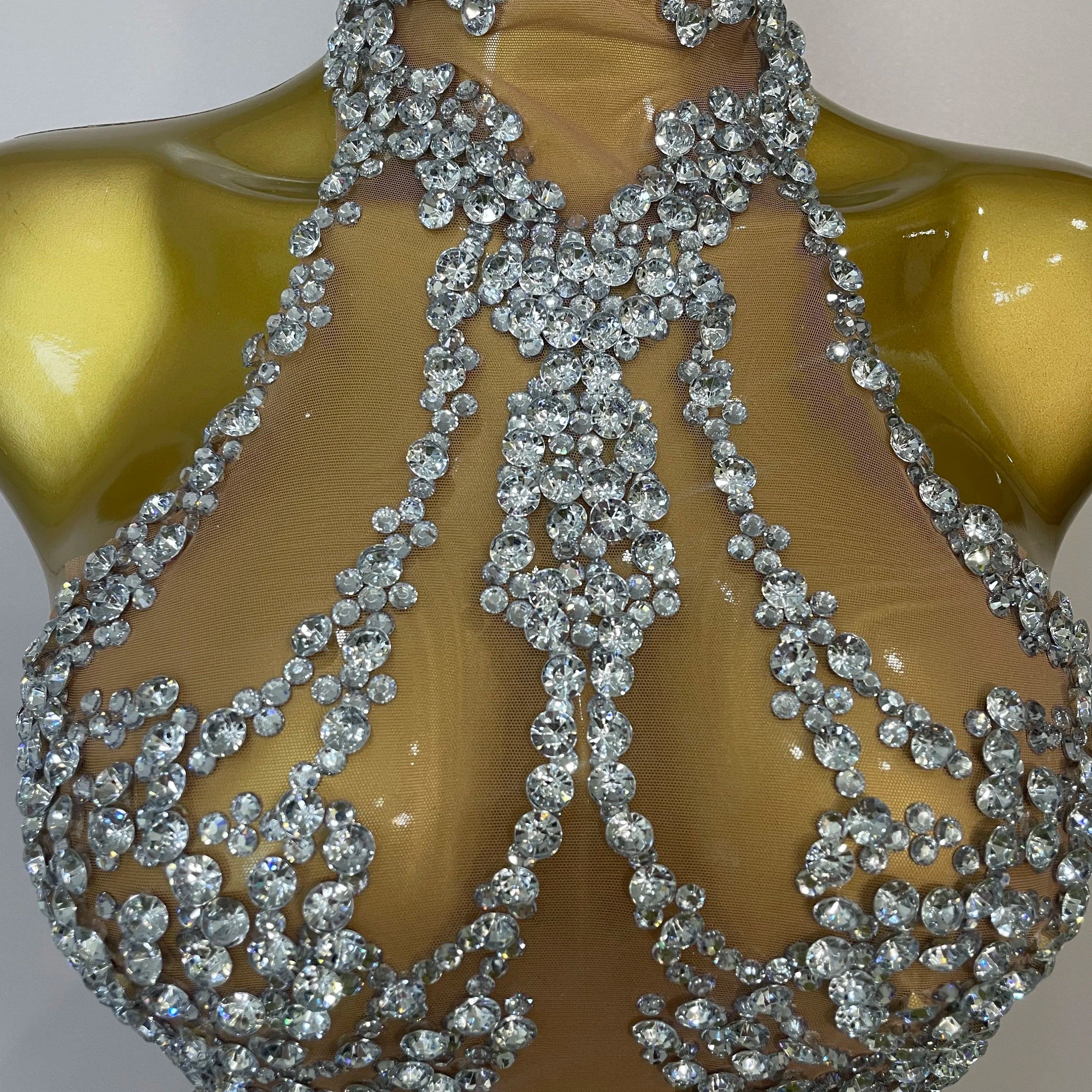 STOCK Sparkly Rhinestones Sexy Mesh See Through Dress Party Evening Prom Celebrate Birthday Dress Singer Dancer Show Stage Wear