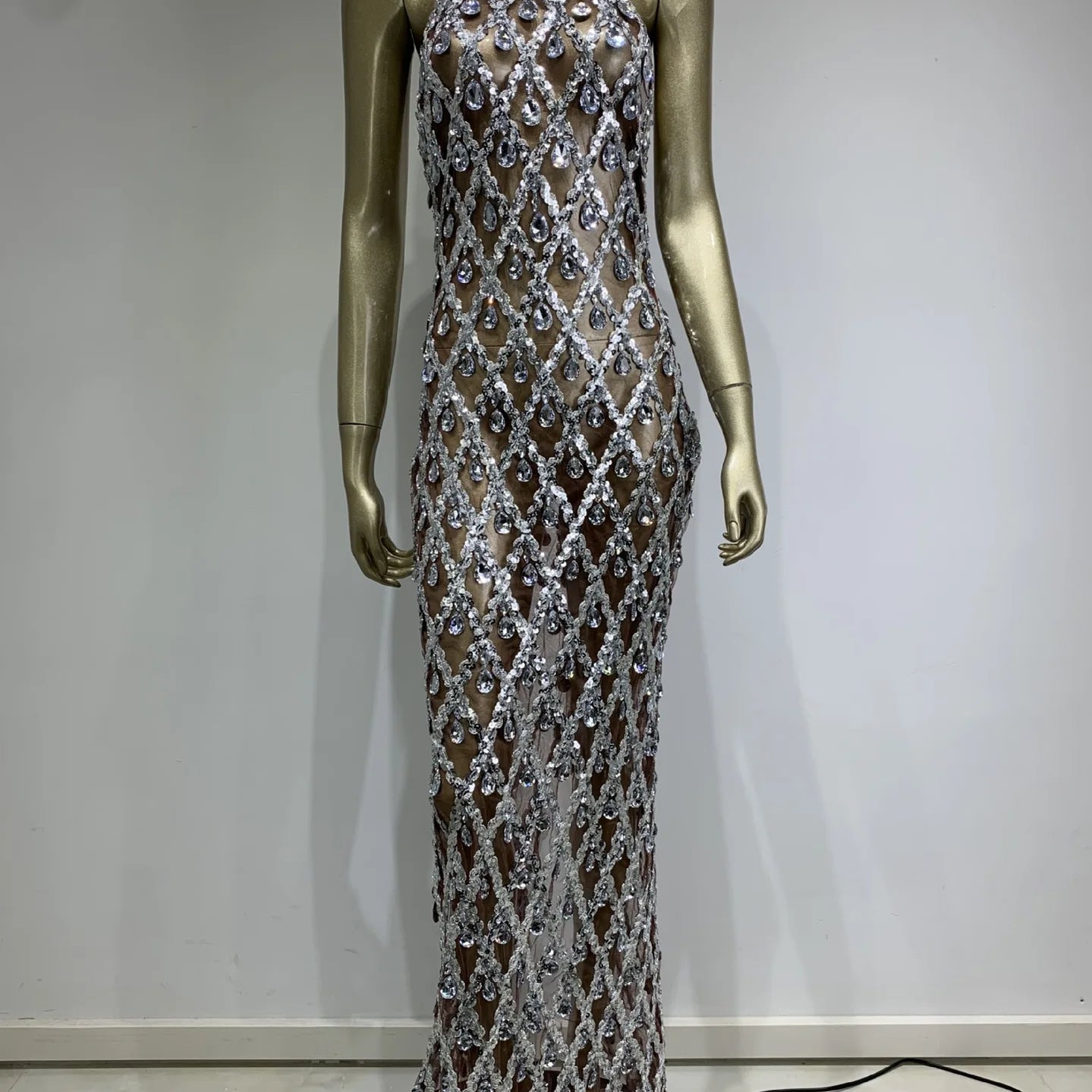 Stock Women Luxury Sexy Mesh Crystal Diamonds Beading Long Dress Birthday Party Costume Bar Nightclub Stage Performance Dress