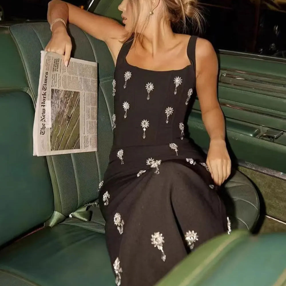 2025 Elegant Women Light Luxury Nail Bead Bandage Dress Camisole Square Neck Sleeveless Bodycon Long Dress Evening Party Vestido