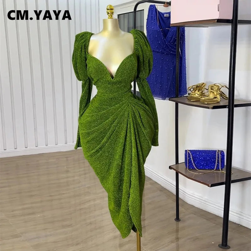 CM.YAYA Women Long Sleeve Strapless Ruched Mini Midi Dress 2025 Summer Evening Vacation Birthday Party Vestidos Sexy Dresses