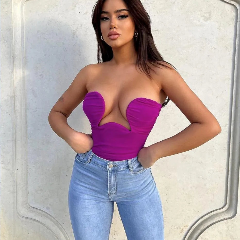 Hot Sale 10 Colors Women Sexy Strapless Bodycon Mini Tops Rayon Bandage Casual Fashion Nightclub Party Wear High Quality PURPLE