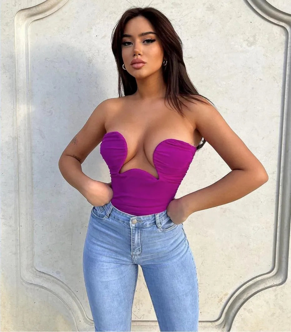 Hot Sale 10 Colors Women Sexy Strapless Bodycon Mini Tops Rayon Bandage Casual Fashion Nightclub Party Wear High Quality PURPLE