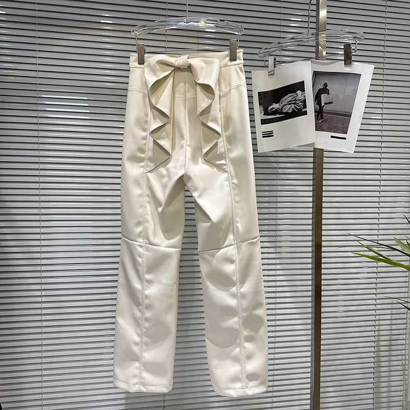 Winter New Trendy Fashion Back Waist Three-Dimensional Bow PU Leather Pants For Women Straight Casual Pants Creamy-white