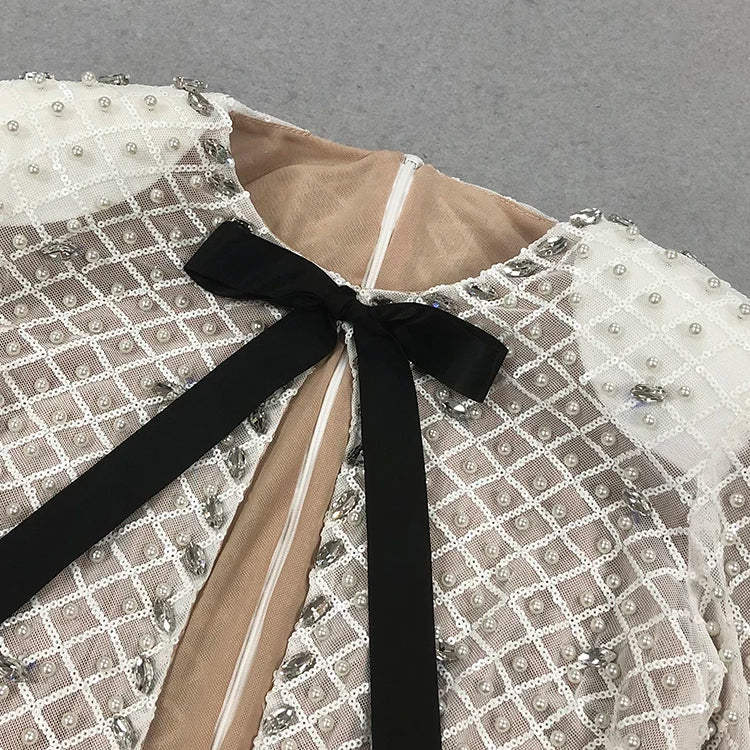 Pearl Sequins Hollow Out Short Dress For Women Sexy Long Sleeve Key Hole Bow Tie Diamond Beige Mini Evening Party Dress