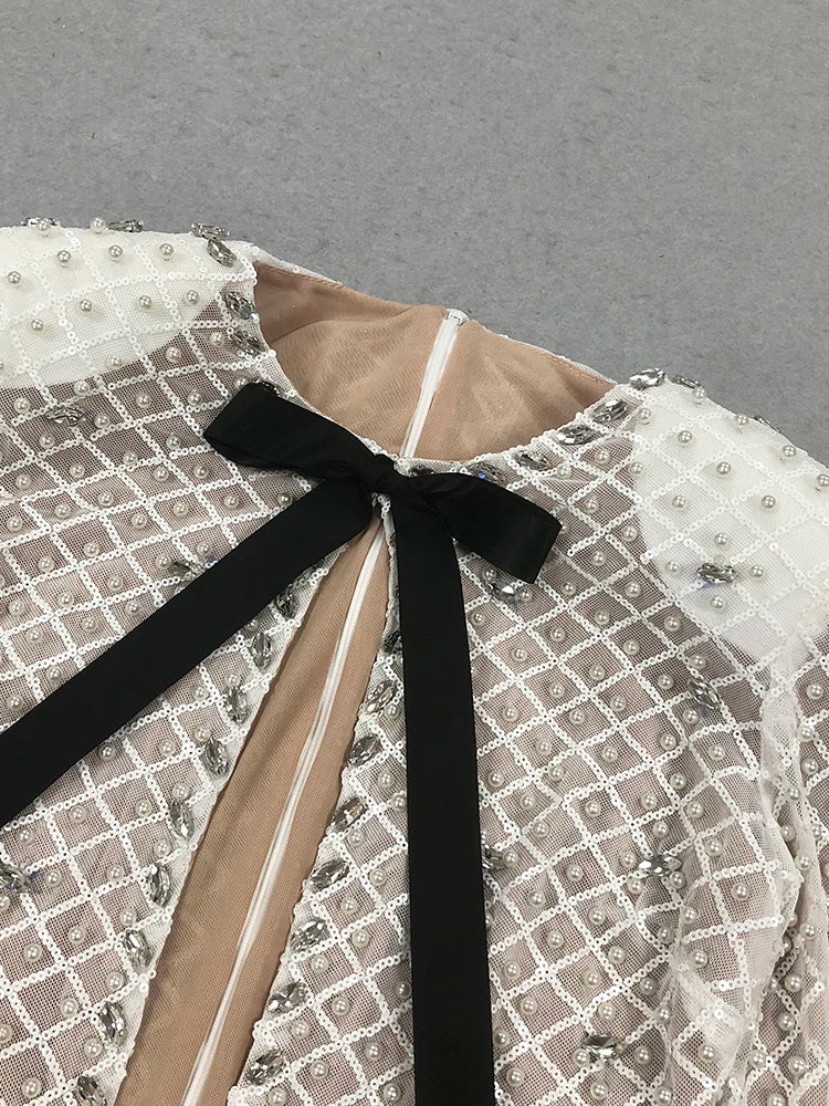 Pearl Sequins Hollow Out Short Dress For Women Sexy Long Sleeve Key Hole Bow Tie Diamond Beige Mini Evening Party Dress
