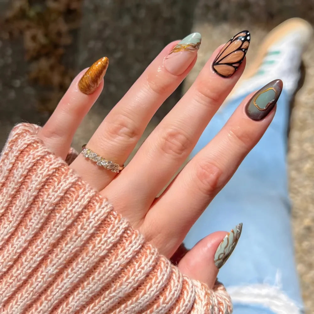 24Pcs Mid-length Blue Almond False Nails with 3D Shell Design Press on Nails Tips Butterfly Flower Pattern Datachable Fake Nail LT296-B7