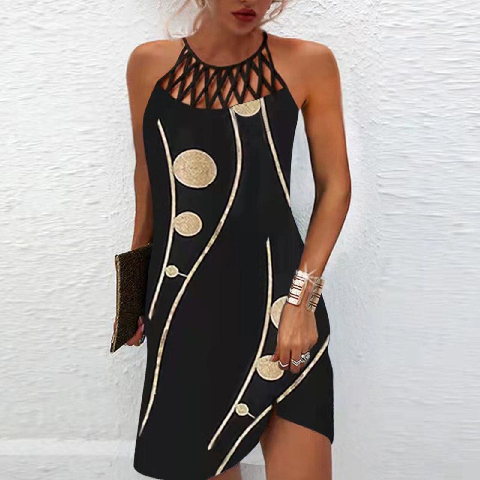 Summer Woman Vintage Tribal Print Off Shoulder V-Neck Design Casual Sleeveless Mini Boho Vacation Dress Vestido B-Black